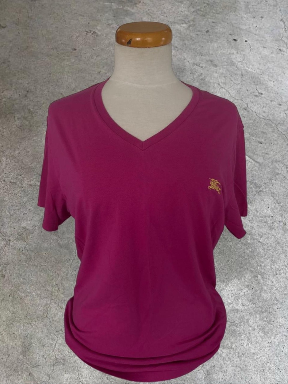 Burberry V-Neck Short Sleeve Tee - Magenta with Gold Logo